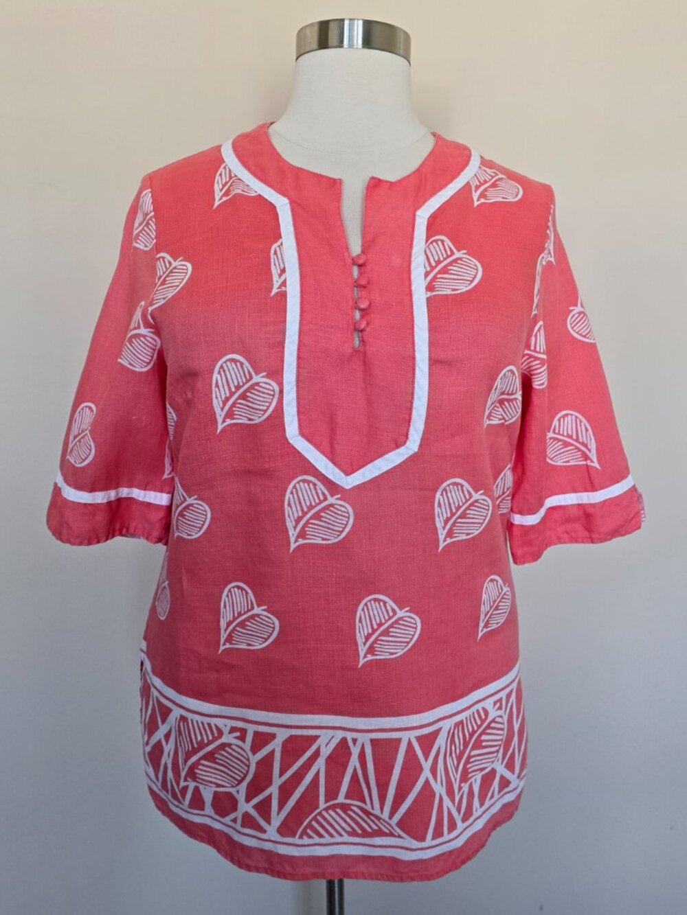 Saint Tropez West Size 1X Peach Pink Coral Leaves 100% Linen Shirt Top Blouse